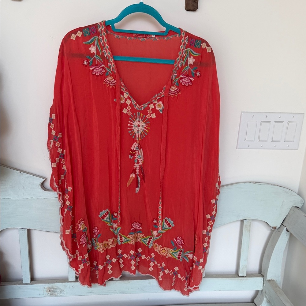 Johnny Was Red Embroidered Sheer Kimono